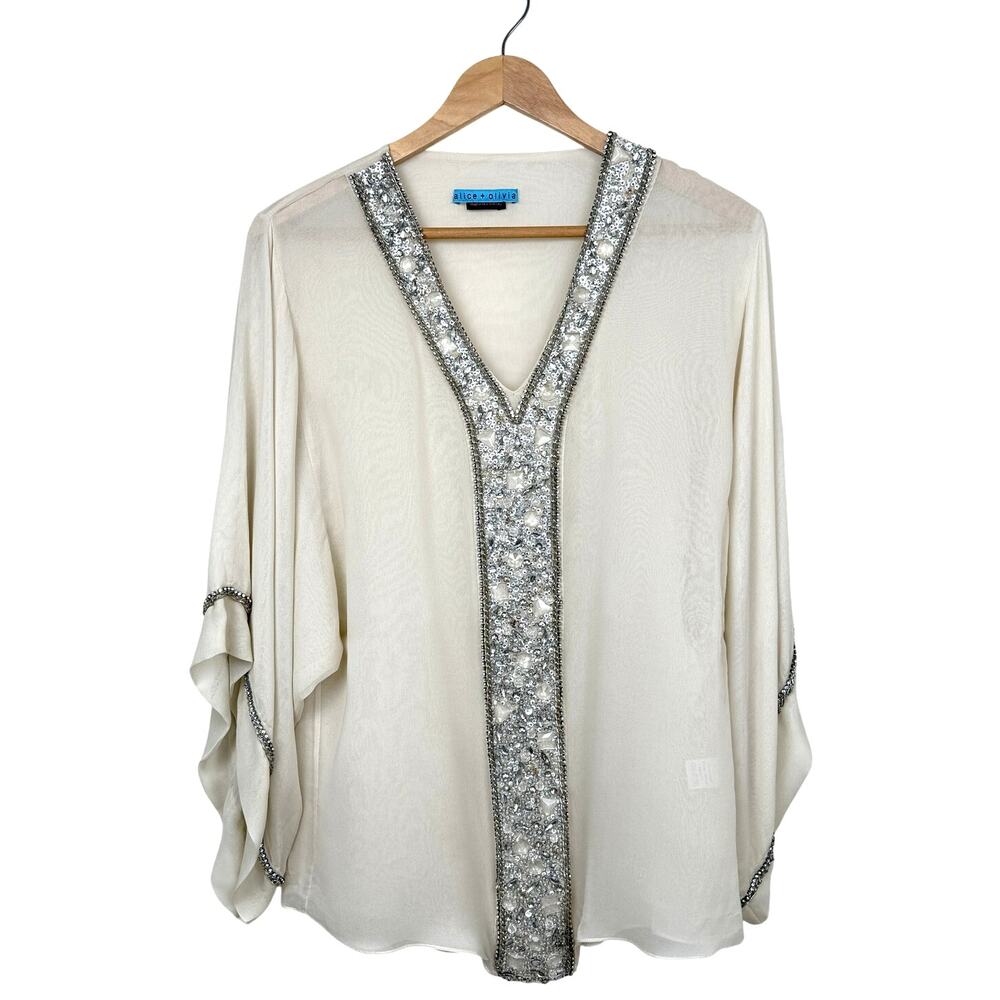 Vintage Y2K Alice + Olivia 100% Silk Beaded Tunic Blouse Ivory Sheer Glam Boho